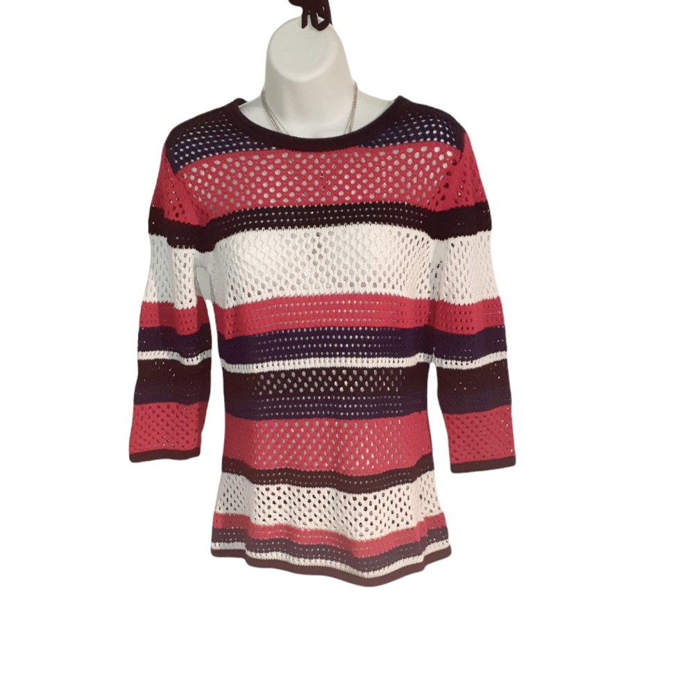 Multicolore Fishnet round neck 3/4 sleeves woman sweater